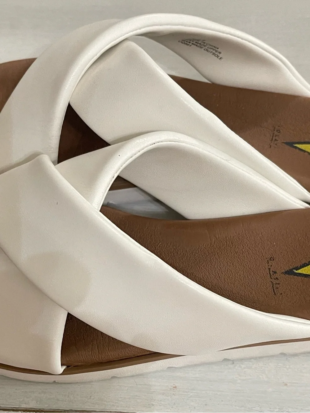 Volatile White Crossband Slide Sandals with Brown Footbed